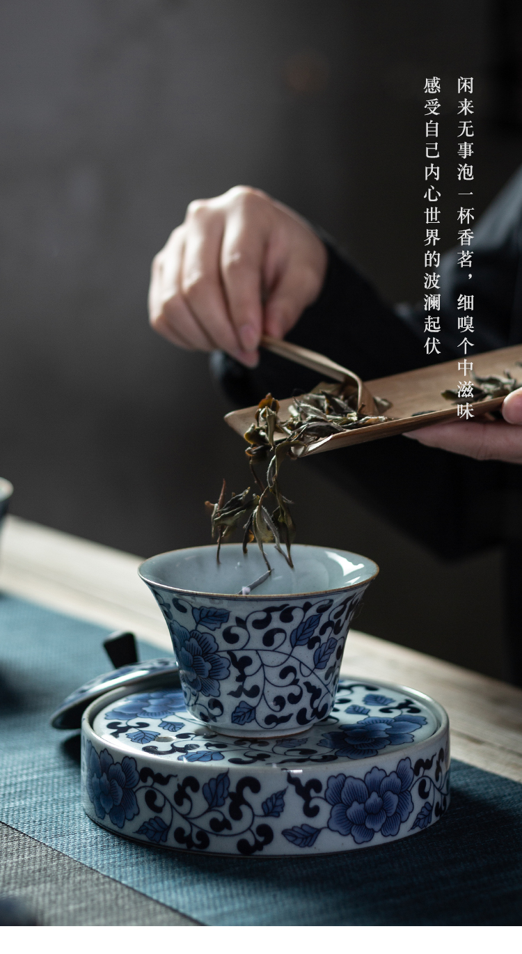 Flute antique blue and white porcelain tea set suit household kung fu tea tureen teapot three didn 't use office use