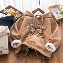 Childrens Korean version of fleece sweater 2022 winter new thickened one-piece velvet casual jacket for big children with foreign style hood