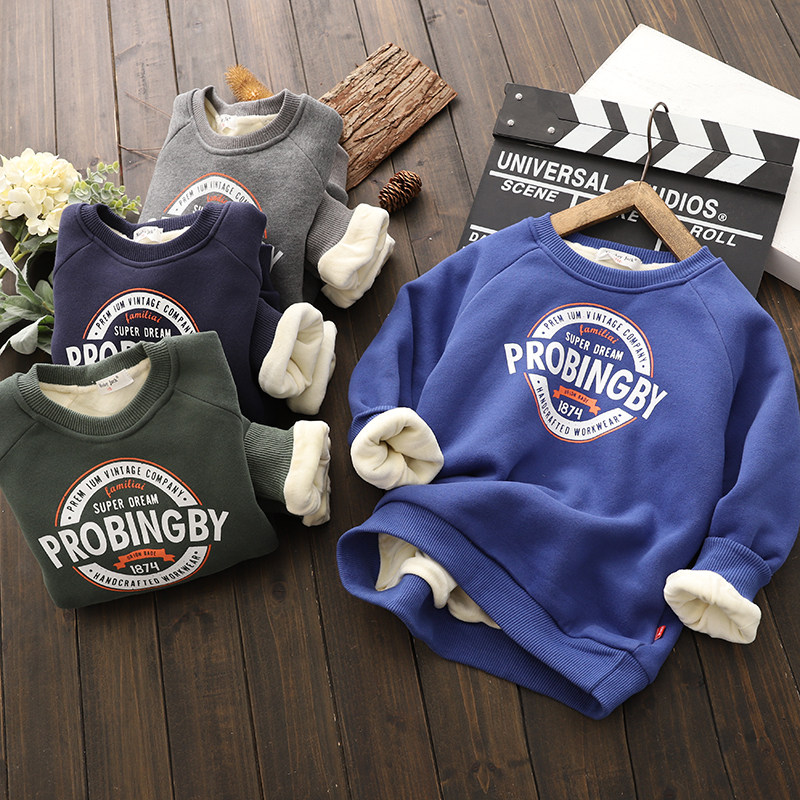 Boy's sweater boy's velvet thickened middle-aged boy's Western style 2020 winter new children's Korean version printed tide top