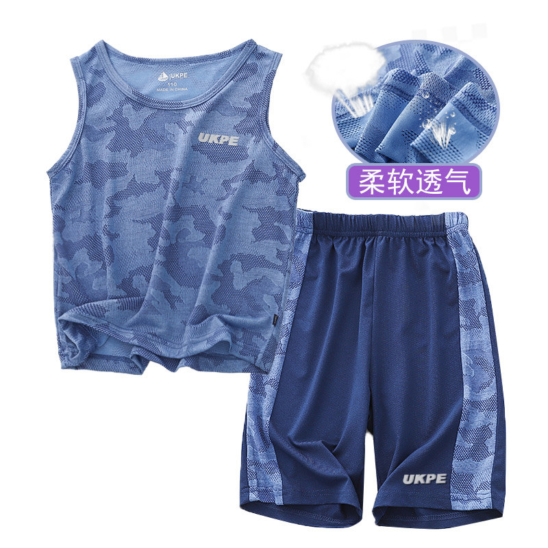 Boys quick-drying mesh suit 2021 summer new medium and large children's vest shorts two-piece set of children's sports sleeveless