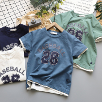 Short-sleeved T-shirt boys summer new half-sleeved children 2020 middle and Big Baby Cotton fake two pieces sweat-sucking top