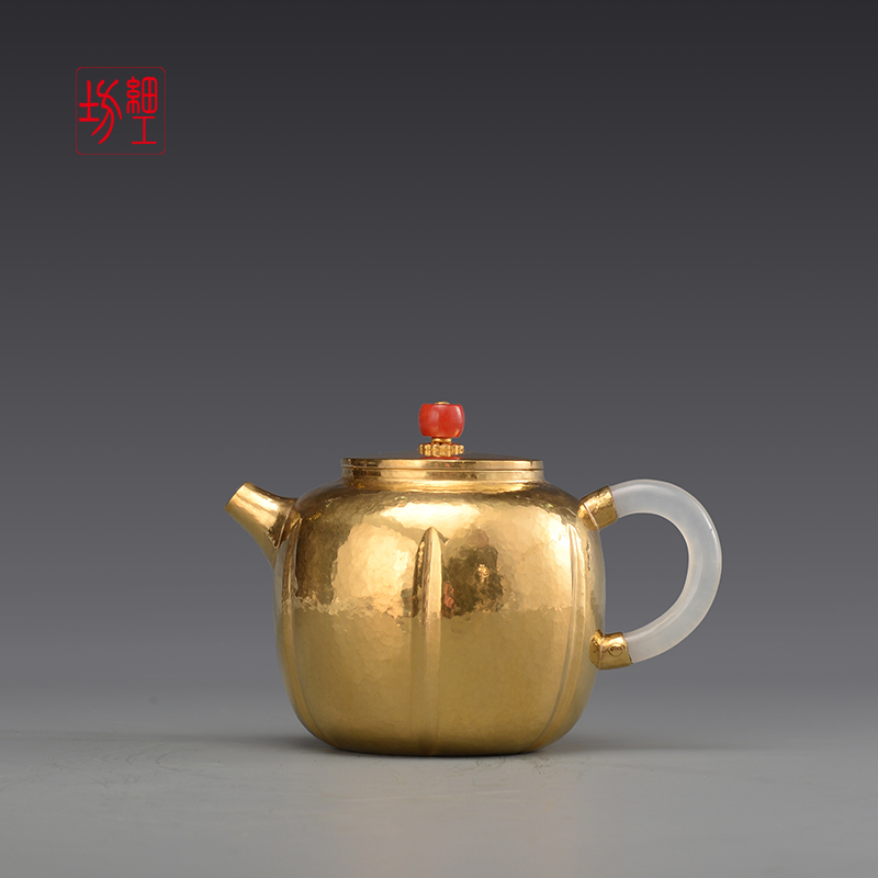 Japanese fine workshop gold pot thousand pure gold 999 pure handmade gold pot jade handle melon-shaped urgent beard