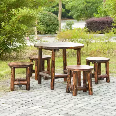 Hotel table and chair round table Country farm leisure farm decoration outdoor solid wood small round table courtyard outdoor with stool