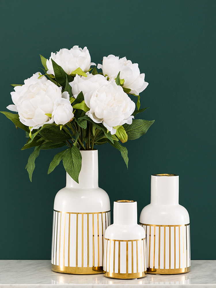 Creative Nordic light luxury gilded ceramic vase decoration Living room dry flower arrangement Golden stripe green plant hydroponic flower device