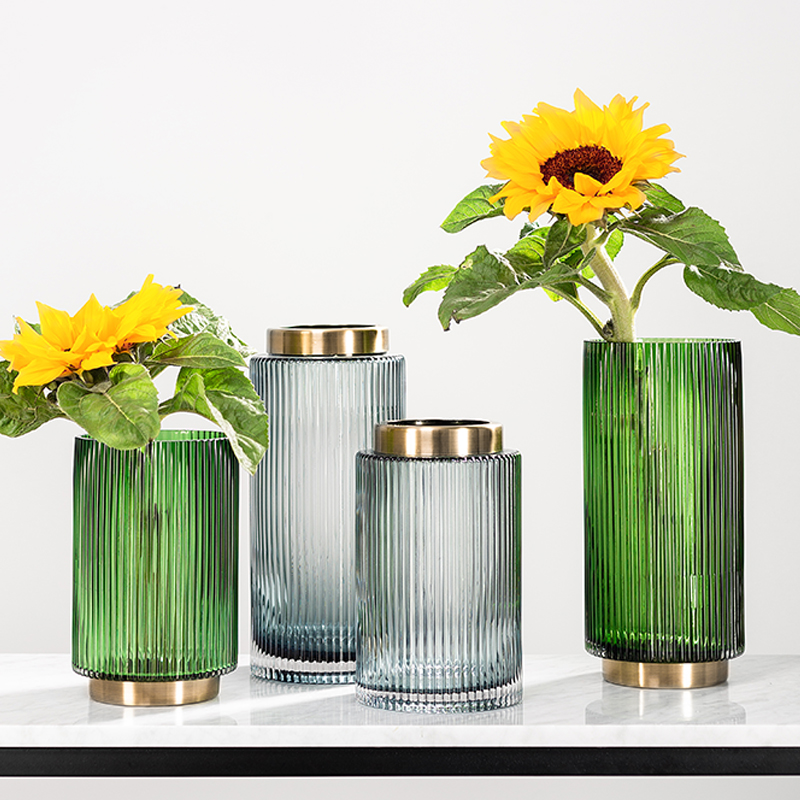 Nordic Changhong Glass Vertical Stripe Brass Ring Vase Flower Arrangement Water Cultivation Flower Plant Green Grey Simple Flower Winner