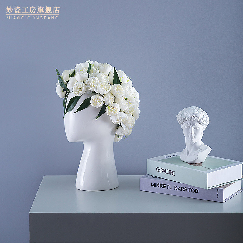 Miao porcelain workshop nordic wind ins head model ceramic vase creative portrait round hole drying flower arrangement decoration