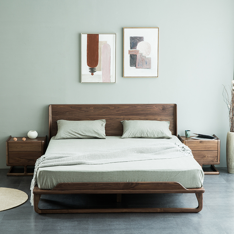 Black walnut bed Nordic solid wood bed modern 18m double bed mortise and tenon simple Japanese style light luxury bedroom marriage bed
