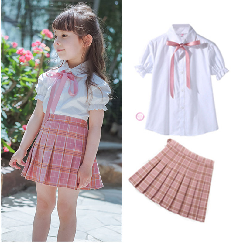 Girls ' summer Clothes new performance clothes Two-piece set Children's short-sleeved shirt pleated skirt College style suit