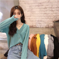 2021 spring and autumn new knitwear womens slim and thin cardigan jacket short V-neck wild long-sleeved air conditioning shirt