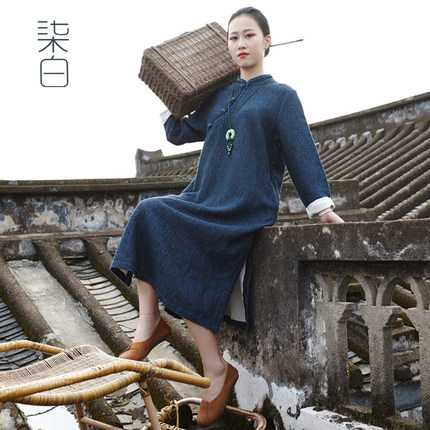 柒白中式改良复古旗袍秋冬棉麻女装立领宽松中