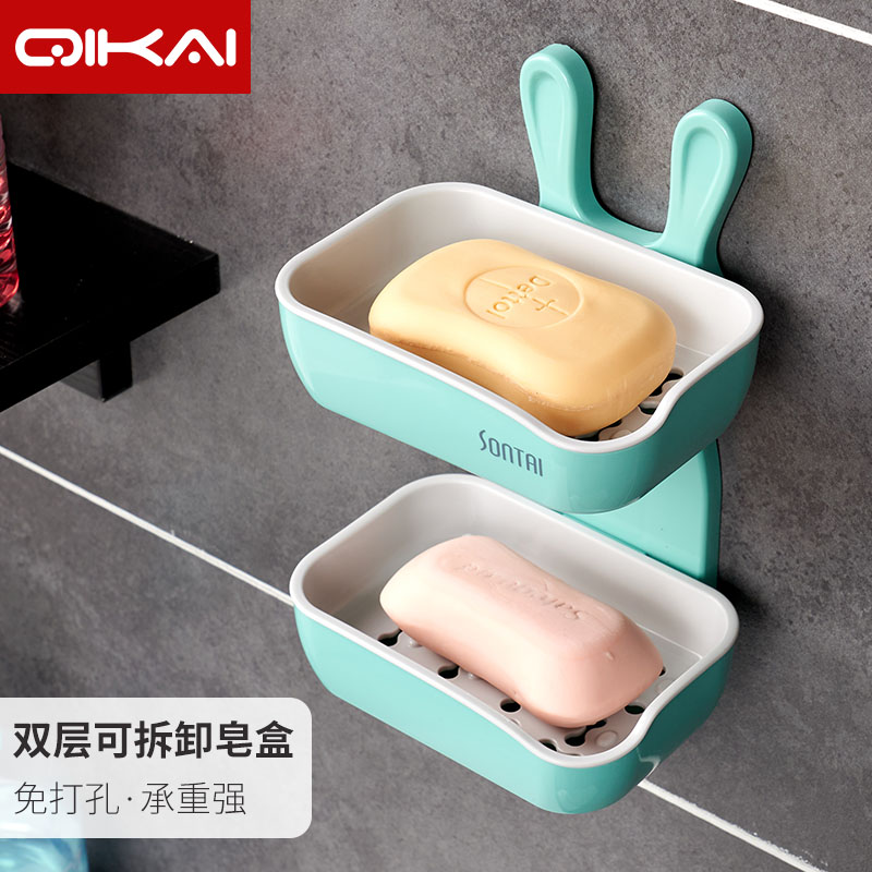 Soap case free of punching wall-mounted suction cup creative double makeup room big number home Soap Box Drain Soap Rack