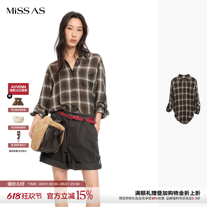 Avvenn Lapel Single-Breasted Asymmetric Hem Plaid Shirt for Women Loose Casual Missas Boutique