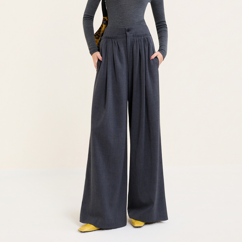 【Sulan Kuanshu】Autumn and Winter Relaxed Pleated High-Waisted Loose Drape Casual Long Pants Women's Wide-Leg Pants Gray