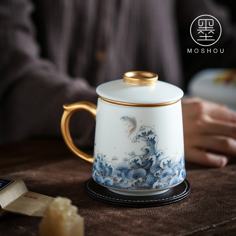 By dehua white porcelain cup By hand the see colour separation ceramic tea office cup with cover filter tea cup