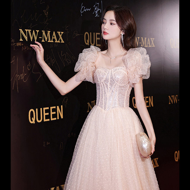 Vocal music art examination evening dress female senior French banquet temperament celebrity birthday fairy bubble puff sleeve host dress skirt