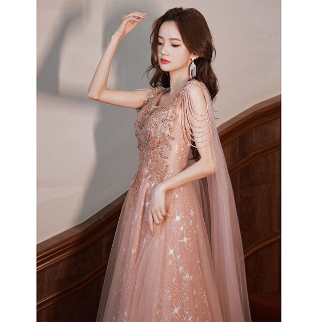 High-end dress 2022 new bride toast dress temperament starry sky annual meeting catwalk show host art test evening dress