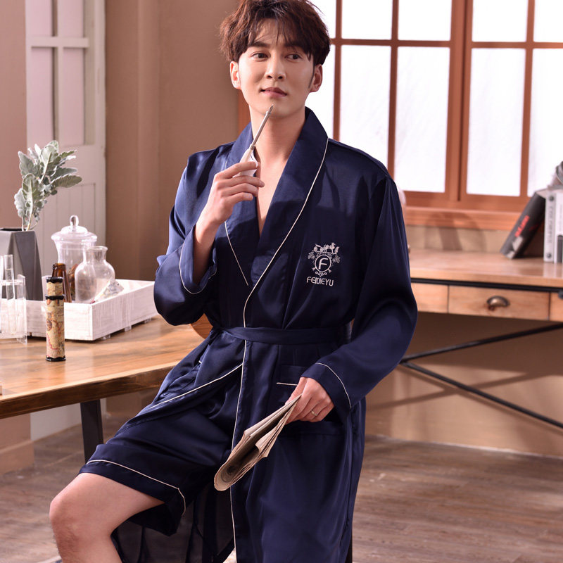 True silk sleepwear male summer slim long sleeves spring and autumn bathrobe long version of silk ice silk men's sleeping clothes loose home clothes