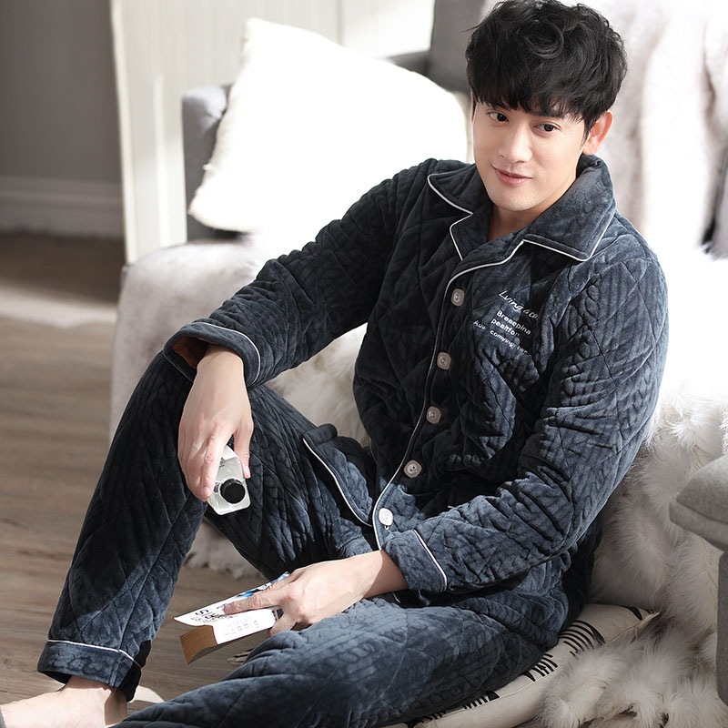 Coral Suede Men Sleeping Clothes Autumn Winter Style Thickened and warm winter Flannel Triple Clip Cotton Youth Home Conserved-Taobao