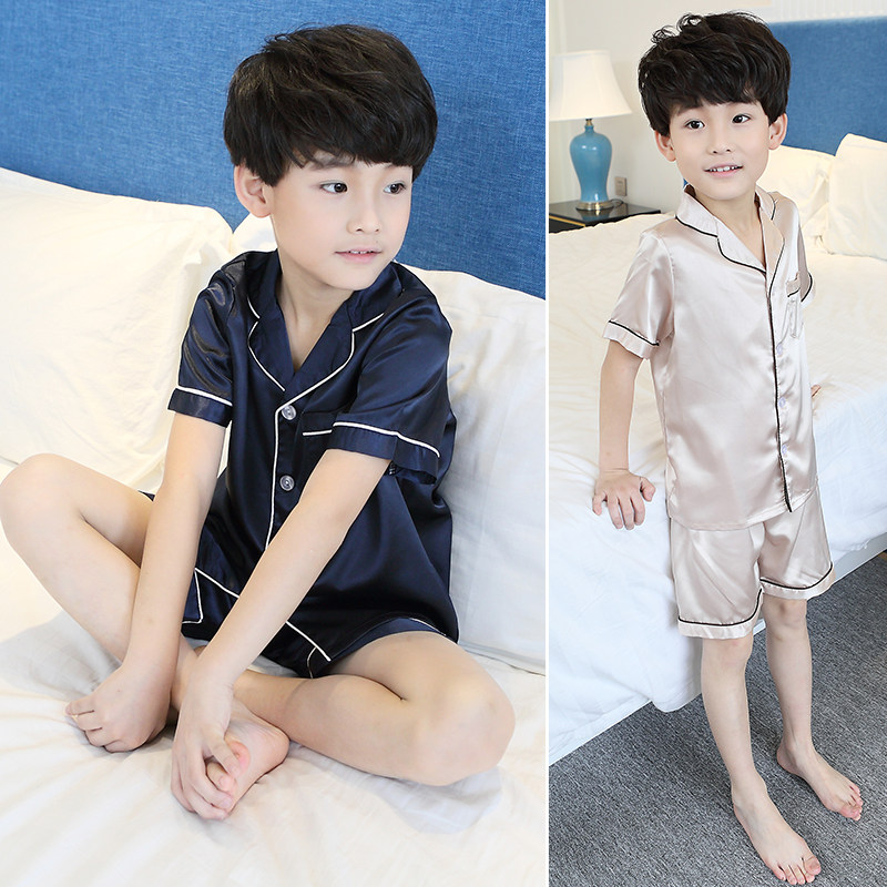 Children's pajamas summer thin ice silk boy short-sleeved air-conditioning silk summer boy middle-aged children's home clothes suit