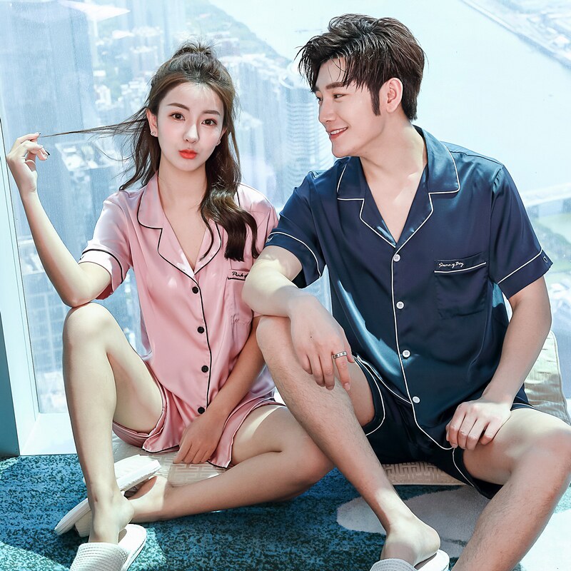 Couple sleepwear women Summer ice silk Two-style suit Spring and Autumn Real Silk Short Sleeve Men's Summer Thin family clothes