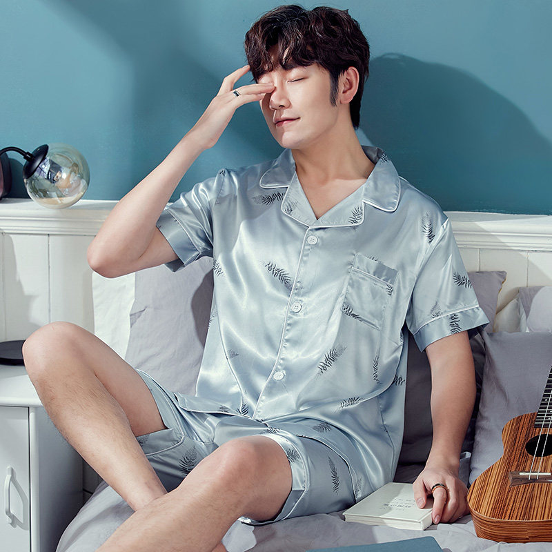 Silk pajamas men's summer thin short-sleeved shorts summer men's silk ice silk youth Korean loose home clothes