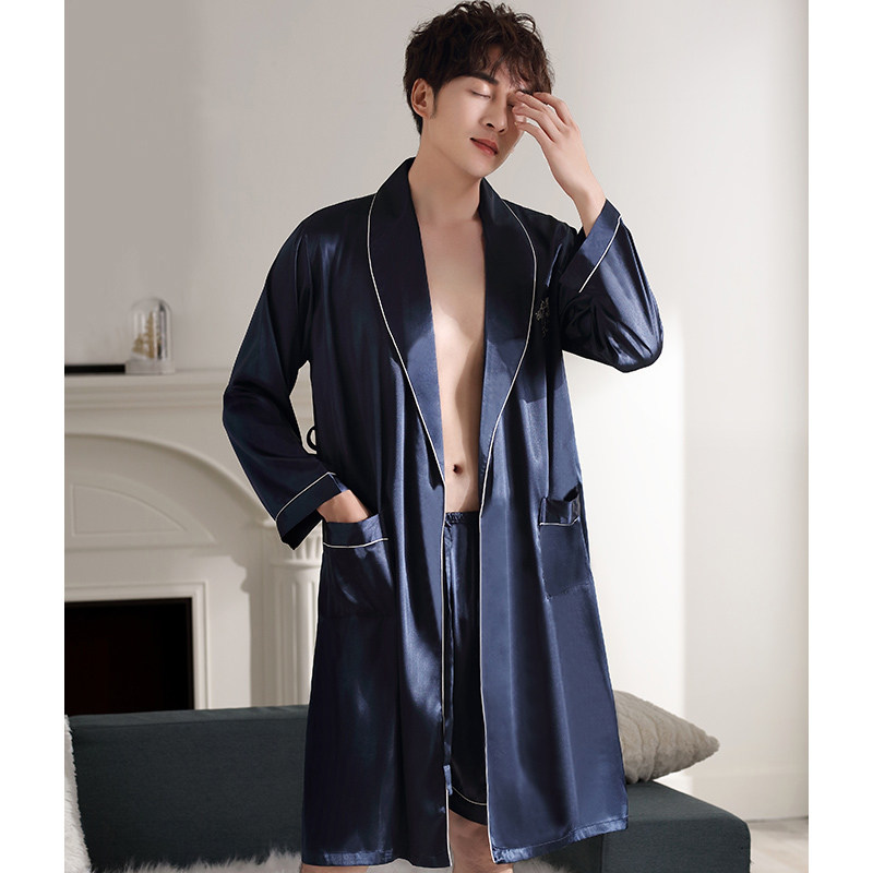 Real Silk Sleeping Robes Men's Spring And Autumn Slim long sleeves shorts bathrobes Summer ice silk long version of men's pyjamas home suits suit