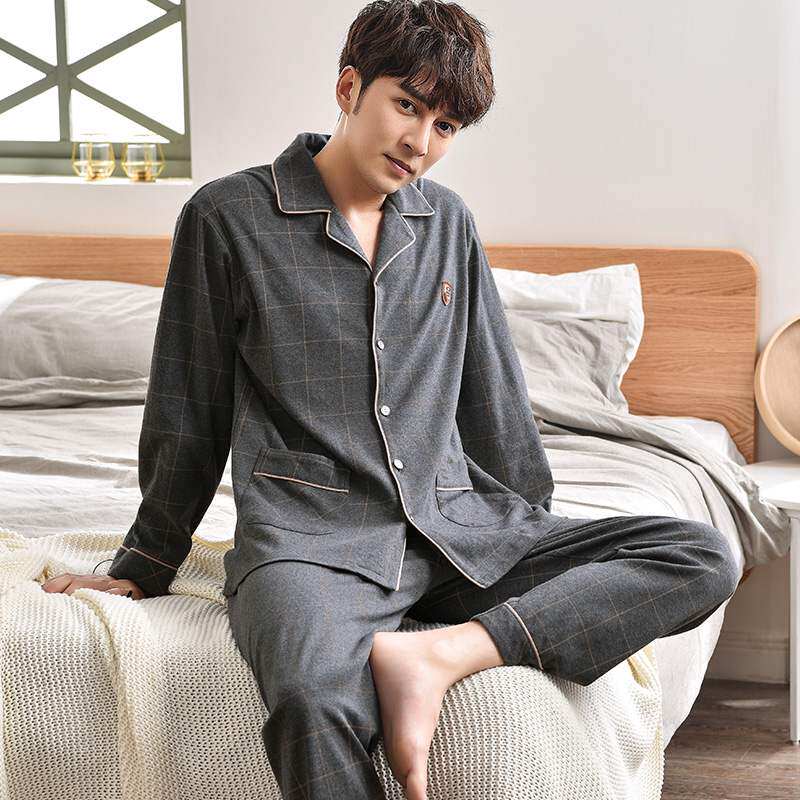 Men's pajamas spring and autumn pure cotton youth cotton 2021 new autumn and winter long-sleeved large size home wear suit
