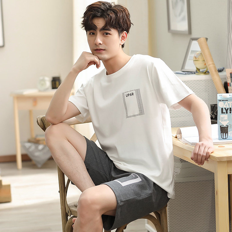 Pure cotton sleepwear male summer thin short sleeves shorts Summer Youth Korean version Men's all-cotton home Clothing Two Style Suits
