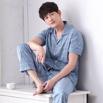 Sleepwear Mens Summer Pure Cotton Youth Short Sleeve Summer Thin mens all-cotton loose Big code Home Suits Two Suits