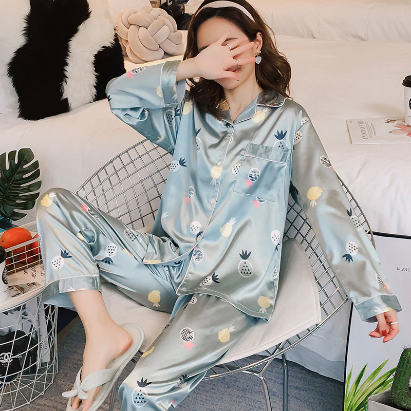Pajamas women's summer ice silk thin section long-sleeved trousers two-piece suit spring and autumn can be worn outside women's silk homewear