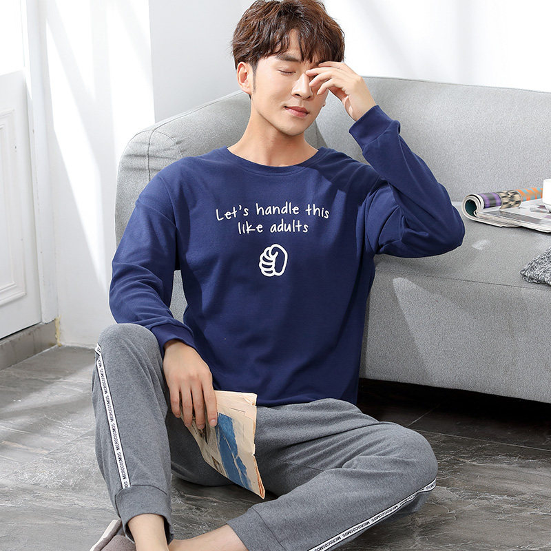 Pure Cotton Pyjamas Men's Spring Autumn Season Long Sleeves Full Cotton Men's Autumn Winter Teen Students Big Size Yard Casual Home Suit Suit