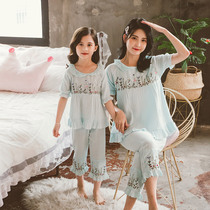 Pro-Subdress Children Sleeping Mother Women Summer Thin Girl Pure Cotton Princess Short Sleeve Suit Summer Air Conditioning Home