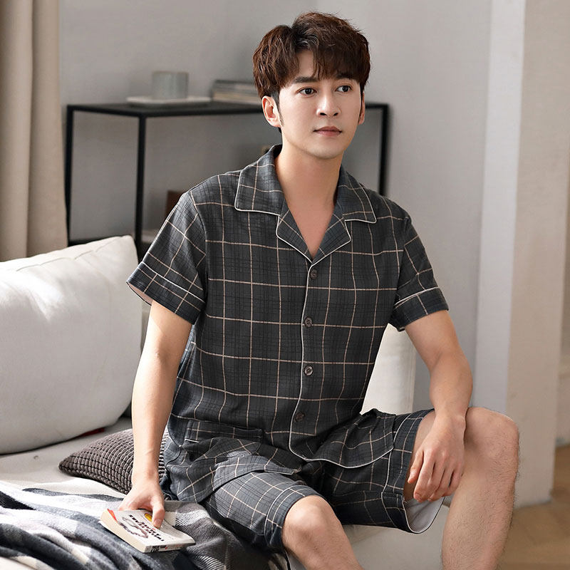 Sleepwear men's summer thin cotton short sleeves shorts men's summer All cotton Young Korean version Home Home Clothing can be worn outside