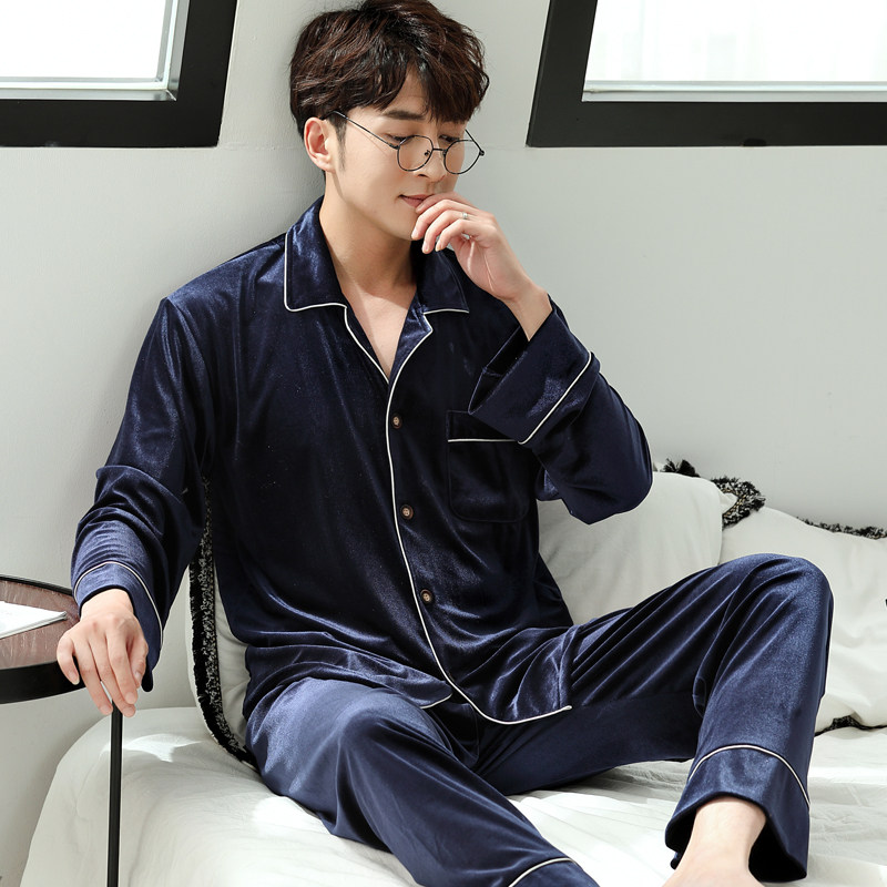 Golden Velvet Pyjamas Men's Autumn Winter Days Long Sleeves Men's Coral Suede Warm Spring Autumn Season Teen Students' Home Clothes