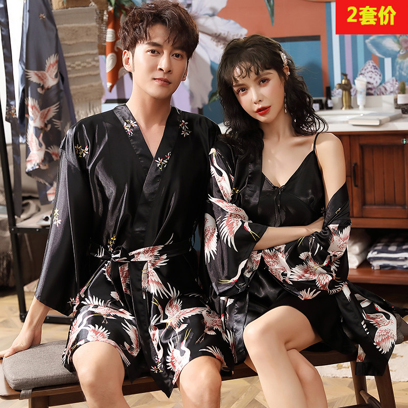 Real Silk Sleepwear Women's Spring Autumn 2021 New Couple Sleepwear Summer Ice Silk Men's Bathrobe Sexy Harnesses Sleeping Skirts