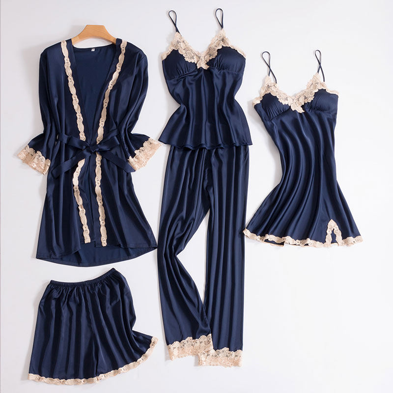 Silk pajamas women's spring and Autumn thin ice silk sling sexy with chest pad five-piece set Women's silk home suit set