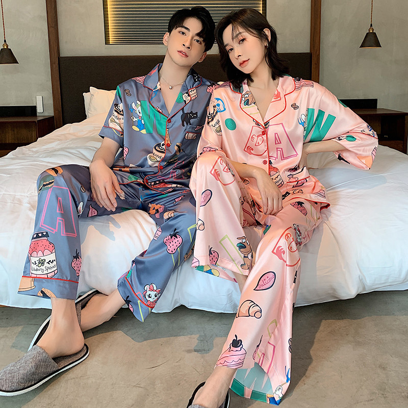 Couple pajamas women's summer ice silk short-sleeved trousers summer thin men's silk silk home clothes two-piece suit