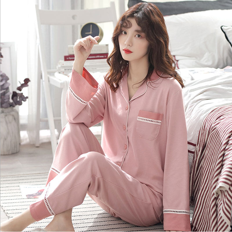 Pure cotton pyjamas women's spring and autumn long sleeves All cotton large size ladies Korean version cute summer home Two sets of outwear