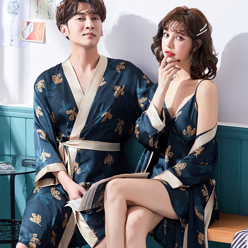 Skygown in spring and autumn 2021 new couple's sleepy dress summer ice wire sexy hanging dress men's bathrobe
