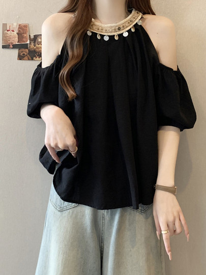 Plus Size Women's Clothing with Tummy-Covering Design, Beaded Collar, Off-Shoulder Shirt for Women, Summer Loose and Slimming Chiffon Shirt for Chubby Girls