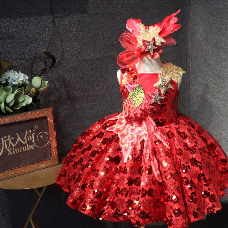 Children's Formal Dress, Elegant and High-End, for Girls' Stage Shows, Model Performances, Piano Hosting, Red Performance Outfit
