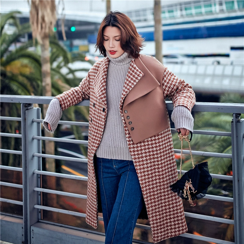 Áo khoác kẻ sọc retro houndstooth nguyên bản, tay áo raglan dài, khâu cổ áo hai lớp, áo khoác len tương phản - Áo len lót đôi