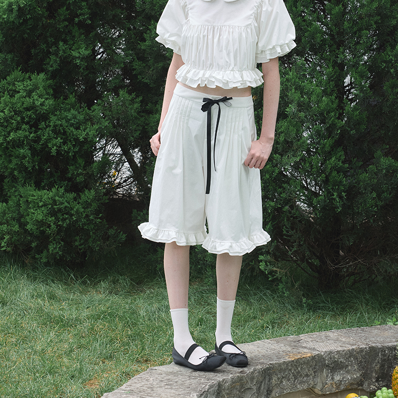 Perpearl26 Summer Original “Acrylic” White Pleated Lace Bow Loose Low-Waist Mid-Length Pants
