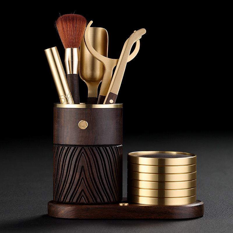 Solid Wood Six Gentleman Suit Tea Set Accessories Tool Tea Cup Cushion Black Sandalwood Tea Road 6 Gentleman Tea Barrel Tea Knife Upscale-Taobao