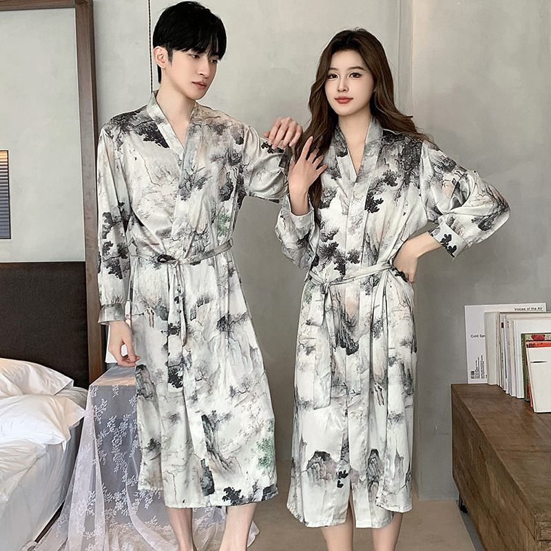 Couple's Nightgown Spring and Summer Ice Silk Thin Ink Painting Long-Sleeved Bathrobe Long Large Size 2025 New Men's and Women's Dressing Gown Couple's Nightgown Spring and Summer Ice Silk Thin Ink Painting Long-Sleeved Bathrobe Long Large Size 2025 New Men's and Women's Dressing Gown