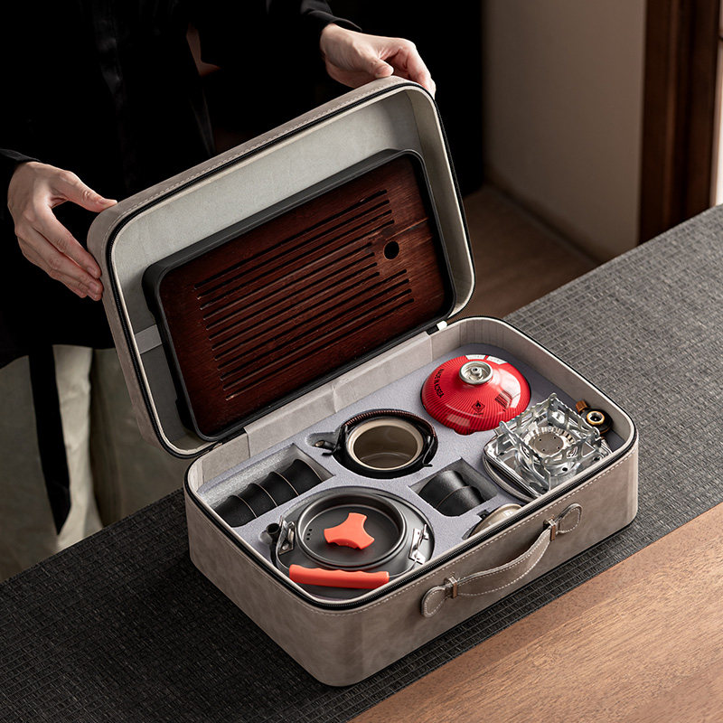 Stoneware kettle, multi-cup tea tray, outdoor set including travel bag, tea maker, cassette stove, portable tea set