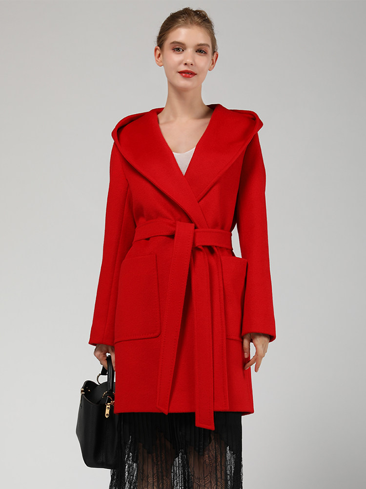 Red cashmere coat women's mid-length 2020 new Hepburn style hooded autumn and winter high-end woolen coat small man