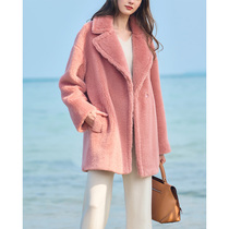 riz pink teddy bear high-end bifacial cashmere dresses woman mid-length minimalist for spring and autumn wool coats the new