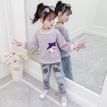 Girls sweater spring and autumn 2021 new childrens foreign style Korean version striped top in the big childrens spring long-sleeved base shirt