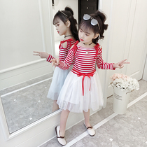 Girls dress 2021 new autumn Western style long-sleeved princess skirt childrens net red fashionable striped yarn skirt